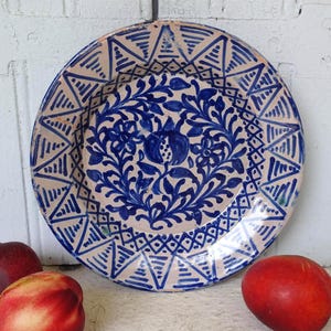 8.9" Antique Blue Spanish Fajalauza Ceramic Bowl with Pomegranate, Decorative Terracotta, Old Earthenware Pottery Lebrillo, 19th Century