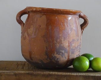 French Vintage Terracotta Pot with Orange Glaze, Earthenware Vessel, Country Farmhouse Decor 9.4"