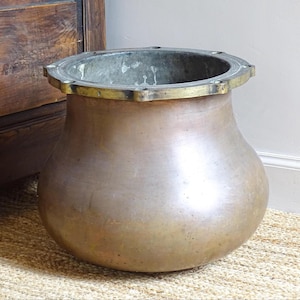 Caldeirão grande antigo de cobre, borda de latão, decoração de fazenda, 35 cm (13,8")