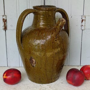 12&quot; Large Antique French Terracotta Walnut Oil Jug with Green Glaze, Earthenware Pitcher, 19th Century Pottery, Rustic Farmhouse Decor