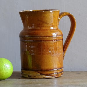 French Antique Pottery Jug with Orange Glaze, Rustic Ceramic Pitcher, Savoie Antique, Country Farmhouse Decor, 19th Century Pottery 6.5"