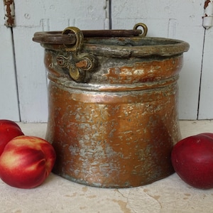 7.8&quot; French Antique Tinned Copper Cauldron with Brass Details, Small Copper Cauldron, Copper Cooking Pot, Old Copper Planter, Utensils Pot