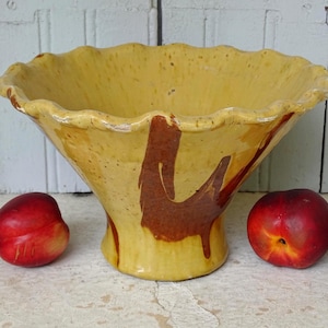 10.4&quot; French Antique Terracotta Bowl with Yellow Glaze, Old Pottery Bowl, Glazed Ceramic Dish, Earthenware Bowl, Rustic Country Farmhouse