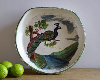 French Antique Ceramic Bowl with Peacock Decor 11.6" -USA Duties Included