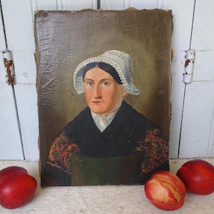 French Antique Portrait Painting of a Lady 12.8&quot; x 9.5&quot;, Folk Art, 19th Century Oil Painting, Oil on Canvas, French School, Old Artwork
