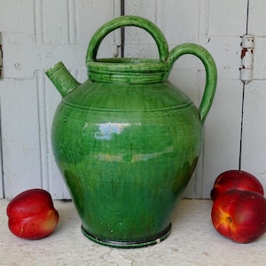 10.6&quot; French Antique Gargoulette with Green Glaze, Provençal Pottery Water Pitcher or Cruche, Old Ceramic Jug, French Country Farmhouse