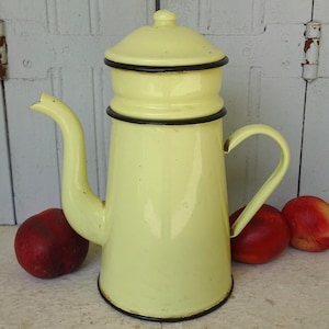 10&quot; Vintage French Yellow Enamel Coffee Pot, Enamelware Percolator, Enamelled Coffee Maker, Retro Kitchen Decor, Country Kitchen