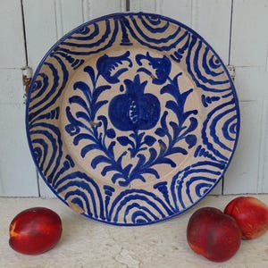 12.8" Large Antique Spanish Fajalauza Bowl with Pomegranate, Tin Glazed Pottery Lebrillo, Old Decorative Bowl, Blue Glaze Earthenware Bowl