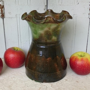 Vase vintage français en terre cuite émaillée de 20,3 cm de Castelnaudary, vase en céramique avec glaçure verte, poterie biologique, décoration de ferme rustique
