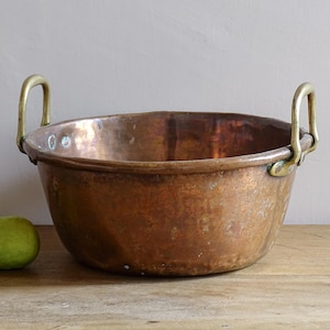 Antique French Copper Jam Pan, Brass Handles, Confiture Pan, 19th Century Cooking Pot, Country Farmhouse Decor 12.1"