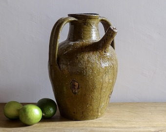 Antique French Terracotta Walnut Oil Jug, Green Glaze, Earthenware Pitcher, 19th Century, Rustic Farmhouse Decor 12" USA Duties Included