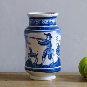 Vintage Spanish Catalan Albarello Pharmacy Jar, Blue and White Pottery, Old Ceramic Pot, Medicine Jar, Apothecary Jar, Chemist Canister 7"