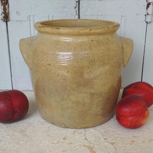 8.7&quot; French Antique Stoneware Confit Jar with Beige Glaze, Preserving Pot, Pottery Cache Pot, Ceramic Utensils Holder, Farmhouse Kitchen