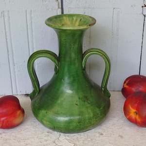 7.9" French Antique Art Nouveau Pottery Vase, Green Glaze Ceramic Vase with Handles, Vintage Gift for the Home