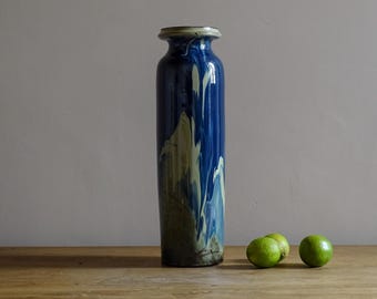 Vintage Ceramic Vase with Blue Glaze, Signed Terracotta Vase, Home Accent 17"