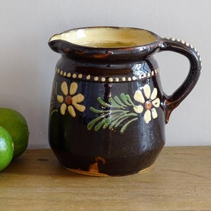 French Vintage Ceramic Pitcher from Alsace, Glazed Pottery Jug with Hand Painted Flowers, Country Farmhouse Decor 6.3"