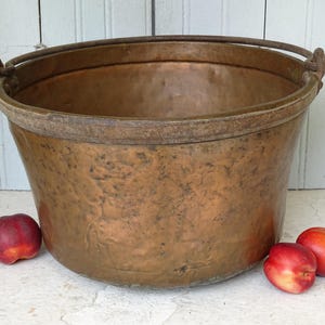 16&quot; Large Antique French Copper Cauldron, Antique Copper Cooking Pot, Rustic Log Holder, Copper Pot, Old Farmhouse Decor, Countryside Decor
