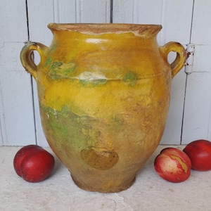 11.4&quot; Large Antique French Confit Pot with Yellow Glaze, Confit Jar, Glazed Terracotta Pottery, Preserving Jar, Farmhouse Decor, 19th C