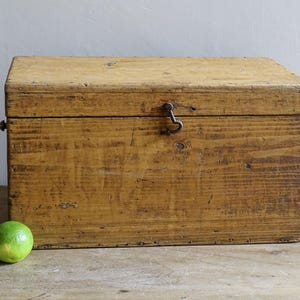 Op de afbeelding: Een rechthoekige houten opbergkist met een scharnierend deksel en een metalen sluiting. De kist is gemaakt van lichtbruin hout met zichtbare nerven en knopen. Drie groene limoenen staan op de voorgrond.