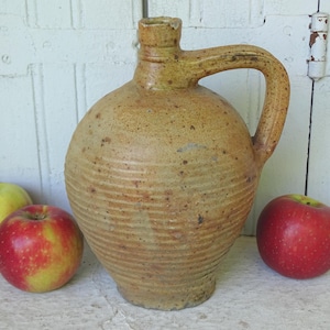9.8&quot; French Antique Pottery Pitcher with Orange Tones, Old Rustic Ceramic Jug, 19th Century, Country Farmhouse Kitchen Decor