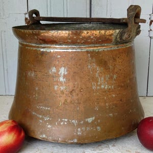 French Antique Copper Cauldron with Wrought Iron Handle 12.4&quot;, Old Copper Cooking Pot, Copper Planter, Rustic Kitchen Decor