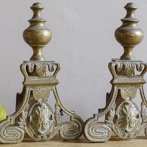May include: A pair of matching brass fireplace andirons featuring ornate scrollwork, central oval medallions with floral motifs, and tall finials. The metal has a weathered patina with visible signs of age and oxidation on the surfaces.
