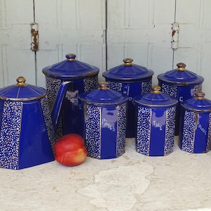 Set of French Antique Blue Enamelware Canisters with Enamel Teapot, Kitchen Storage Jars, Old Enamel Containers, French Kitchen Decor