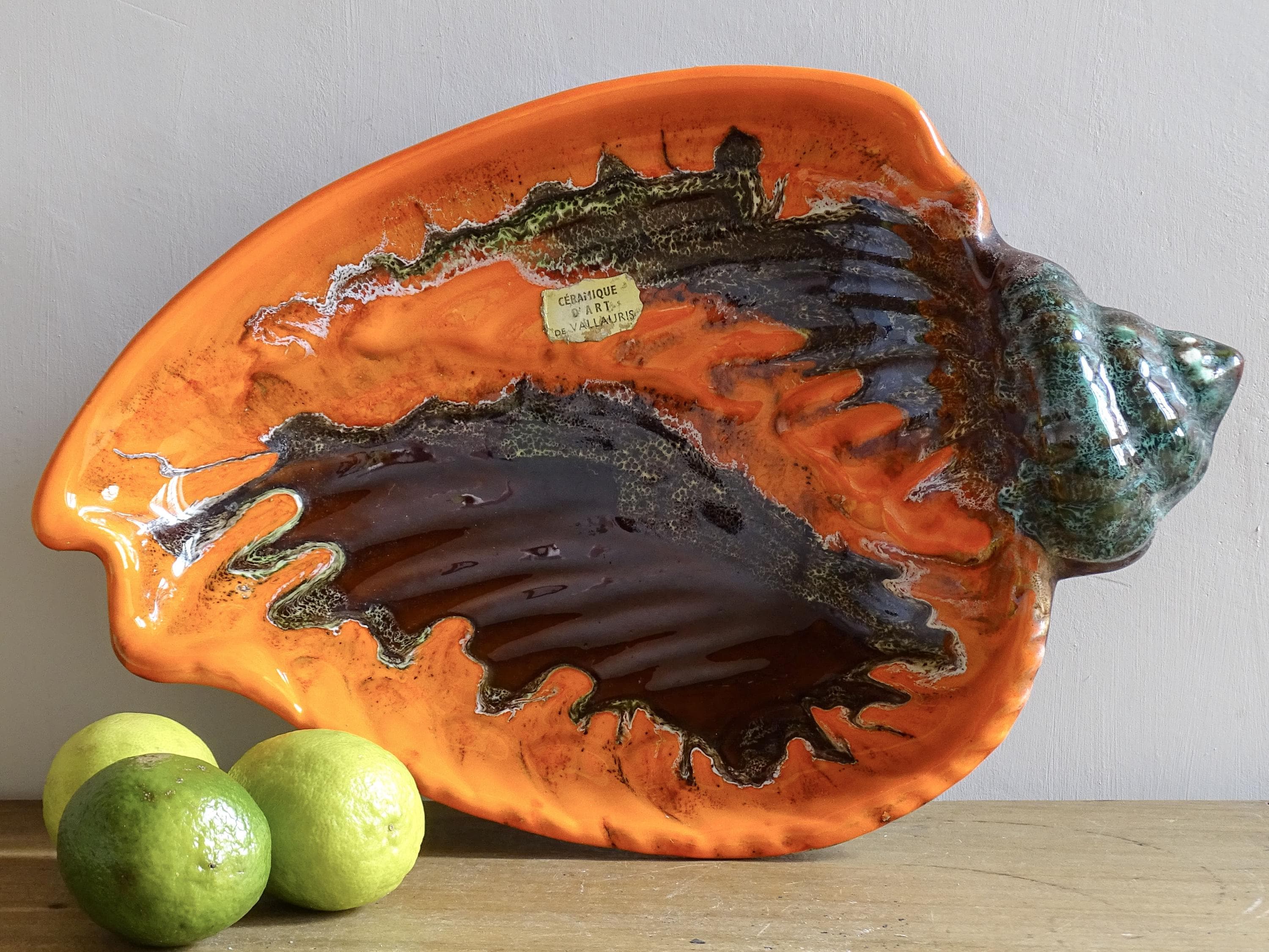 Large Orange Glazed Shell Bowl, Mid Century Vallauris Ceramic