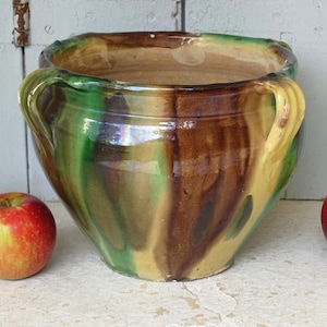 11.8&quot; French Antique Ceramic Planter in Green and Yellow Glaze from Castelnaudary, Pottery Jardiniere, Glazed Terracotta Cache Pot