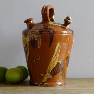 Antique Pottery Gargoulette with Jaspé Glaze, Catalan Marble Glazed Terracotta Jug, Yellow & Brown Pot, Spanish Ceramic Water Pitcher 10.6"