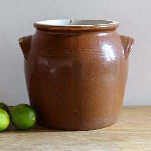 Franse antieke confitpot, pot van aardewerk met bruin glazuur, landelijke keuken, boerderijdecor 9,3"