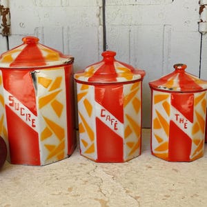 7.5&quot; Set of French Vintage Enamel Canisters in Red and Orange, Enamelware Storage Jars, Retro Kitchen Canisters, French Enamelware