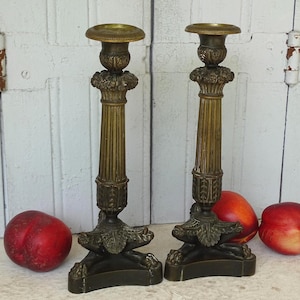 10.4" French Antique Bronze Candle Holders with Lion Paw Feet and Acanthus Leaves, Restoration Period Candlesticks, 19th Century Antiques