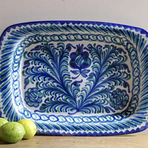 Spaanse vintage fajalauza-aardewerkschaal in groen en blauw, serveerschaal, wanddecoratie 17"