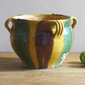 French Antique Terracotta Planter from Castelnaudary, Green and Yellow Glazed Pottery Jardinière, Earthenware Cache Pot, Accent Decor 11.6"