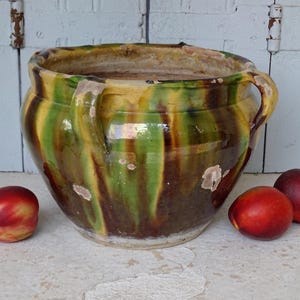 11.6&quot; French Antique Terracotta Planter from Castelnaudary, Ceramic Cache Pot, Glazed Pottery Jardiniere, Antique Plant Pot, Indoor Planter