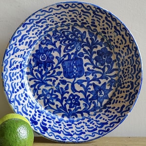 Antiek Spaans fajalauza-aardewerk bord, handgeschilderd keramisch bord, decoratief wandbord, tinnen geglazuurd terracotta, blauw en wit bord 8,9"