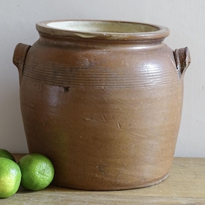 May include: A brown ceramic crock with a wide mouth, a thick rim, and two side handles. The exterior features horizontal incised lines around the upper body. Three bright green limes are positioned in front of the vessel on the surface.
