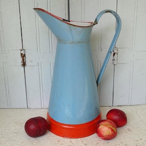 15.5" Large French Vintage Enamelware Pitcher in Blue and Orange, French Enamel Jug, Enamelled Pitcher, Rustic Farmhouse Decor, Cottagecore