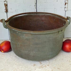 Aged Copper Cauldron 11.4&quot;, French Antique Copper Pot with Patina, Plant Pot, Patinated Copper Cooking Pot, Vintage Outdoor Planter