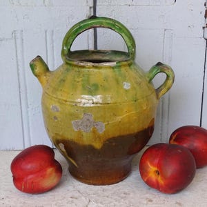 8.7&quot; French Antique Gargoulette with Green and Yellow Glaze, Pottery Water Jug, Rustic Ceramic Pitcher, Pottery Cruche, Farmhouse Decor