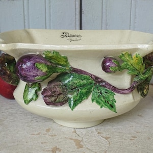 9.1&quot; French Antique Barbotine Ceramic Planter from Monaco, Porcelain Jardiniere with Flowers and Leaves, Majolica Pottery, Centrepiece Decor