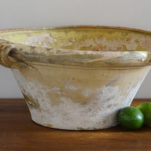 Large Antique French Confit Bowl with Yellow Glaze, Ceramic Tian or Gressalle, Rustic Farmhouse Decor 17.5"