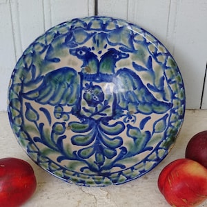 9.5" Antique Spanish Fajalauza Bowl in Green and Blue, Old Terracotta Lebrillo, Tin Glazed Pottery, Rustic 19th Century Ceramics