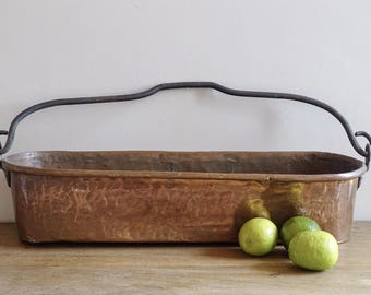 Poissonnière francesa antigua de cobre martillado, escalfador de pescado, hervidor de pescado, sartén para escalfar, macetero largo, utensilios de cocina de cobre, decoración rústica de 55 cm