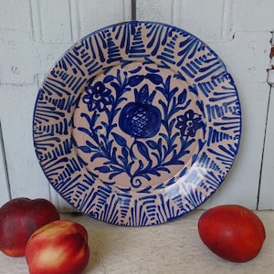 9.8" Spanish Antique Blue Fajalauza Plate with Pomegranate, Tin Glazed Pottery Plate, Blue & White Glazed Ceramic, Mediterranean Antiques