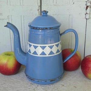 Vintage French Enamelware Teapot 9.1&quot;, Blue Enamel Pot, Enamelled Tea Kettle, Retro Kitchen Accessories, Farmhouse Decor, Vintage Enamelware
