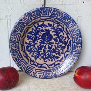 8.74" Antique Spanish Fajalauza Bowl with Pomegranate, Granada Pottery Lebrillo, Tin Glazed Terracotta, Blue & White, Decorative Wall Bowl