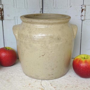9.1 in French Antique Stoneware Confit Jar with Beige Glaze, Pottery Cache Pot, Ceramic Utensils Holder, Rustic Farmhouse Kitchen Decor