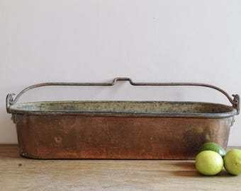 Sartén de cobre antigua francesa para pescado o Poissonnière, olla de cobre para pescado, hervidor de pescado, macetero largo, decoración rústica de granja de 59 cm